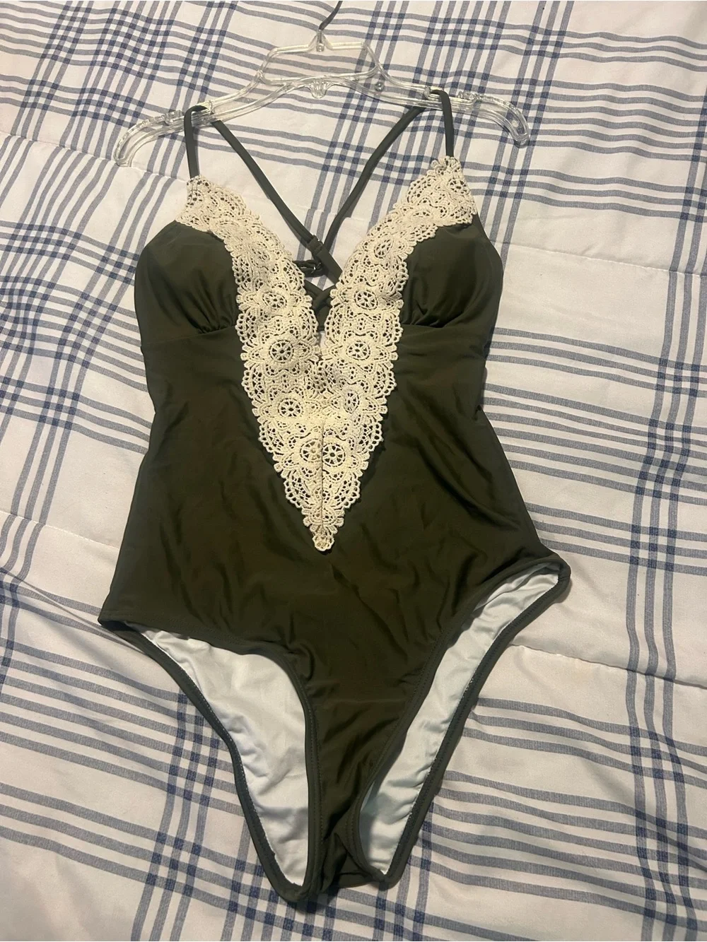 Cupshe Olive One-Piece Swimsuit with Cream Lace Trim